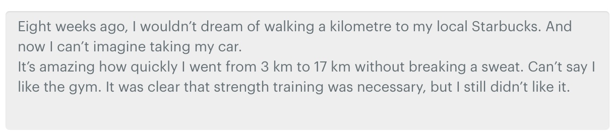 Jo-anne's written testimonial about going from 3 km to 17 km